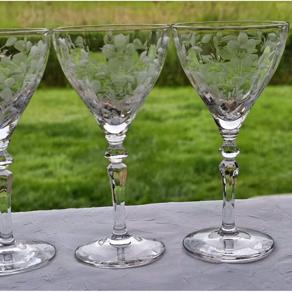 Rock Sharpe Optic Floral Cocktail Glasses 5.25" set/3 gray wheel cut 2011-15 - Picture 5 of 11